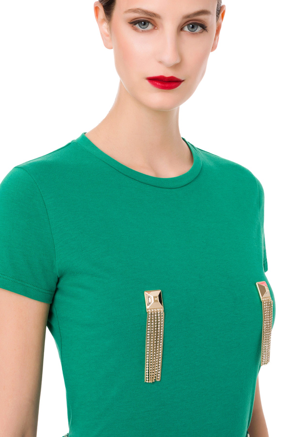 T-shirt with hanging chains and golden studs - Elisabetta Franchi® Outlet