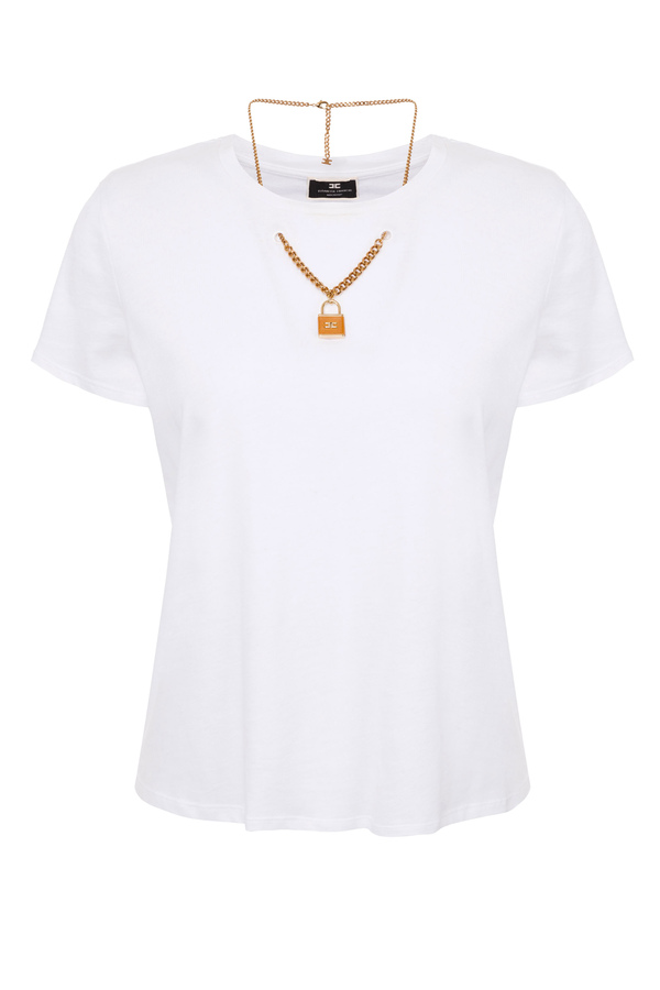 T-Shirt mit Rundhalsausschnitt und Doppelkette - Elisabetta Franchi® Outlet