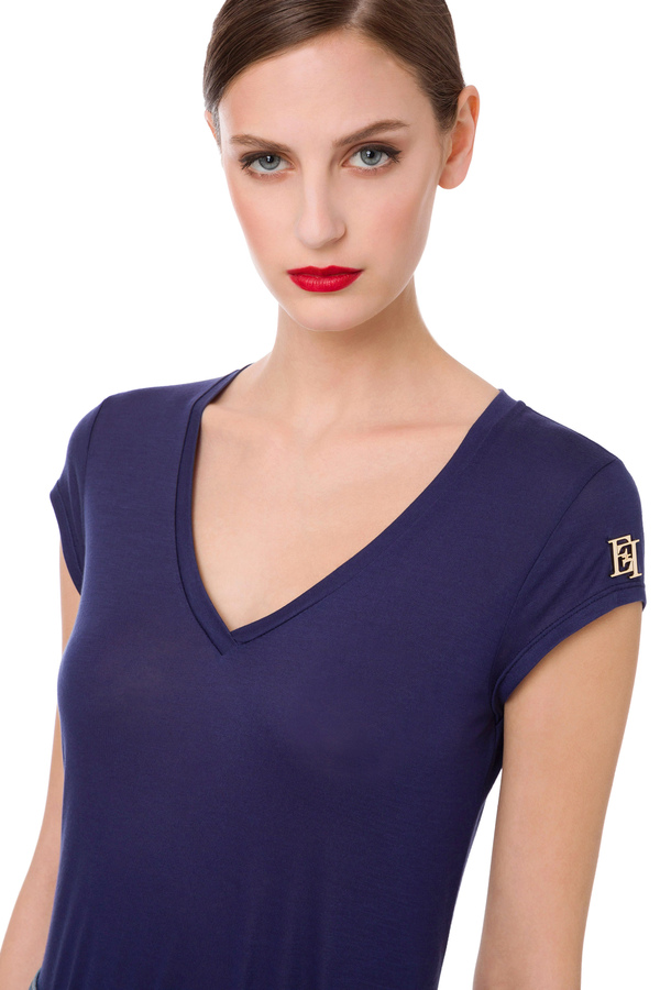 T-Shirt mit V-Ausschnitt und goldfarbenem Logo - Elisabetta Franchi® Outlet