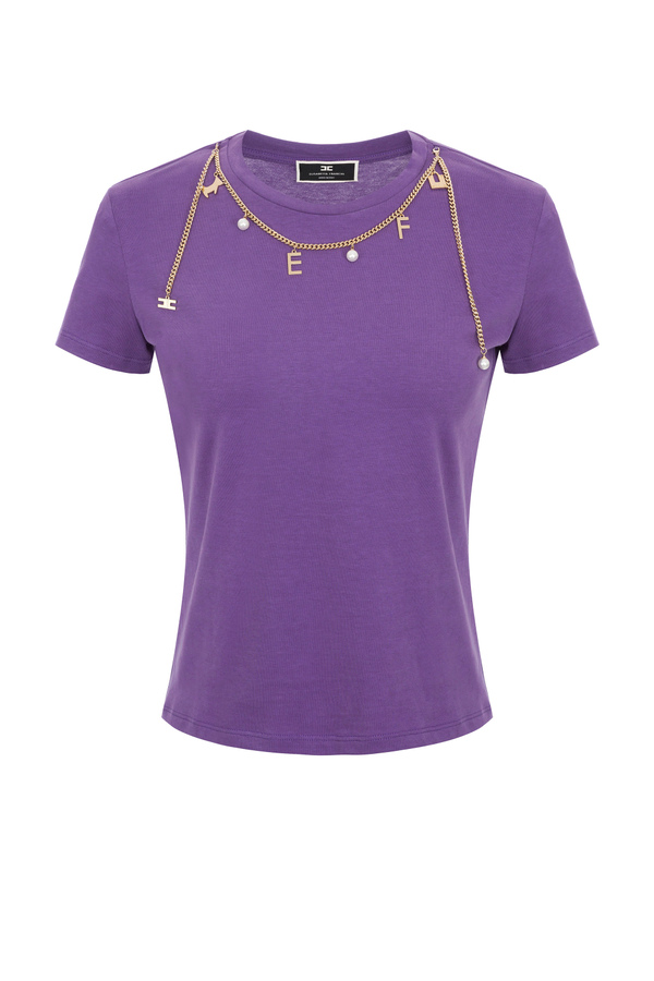 Short sleeved t-shirt with a necklace of iconic charms - Elisabetta Franchi® Outlet