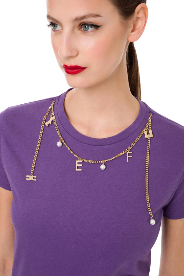 Short sleeved t-shirt with a necklace of iconic charms - Elisabetta Franchi® Outlet