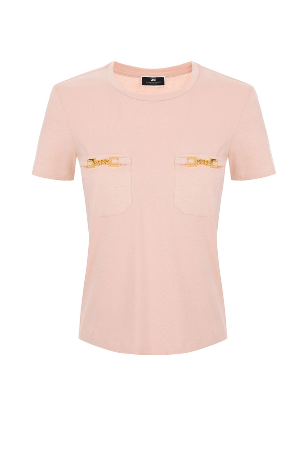 T-Shirt mit kurzen Ärmeln und goldfarbenem Detail - Elisabetta Franchi® Outlet