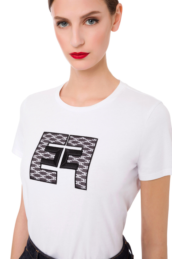 Short-sleeved t-shirt with mesh logo - Elisabetta Franchi® Outlet
