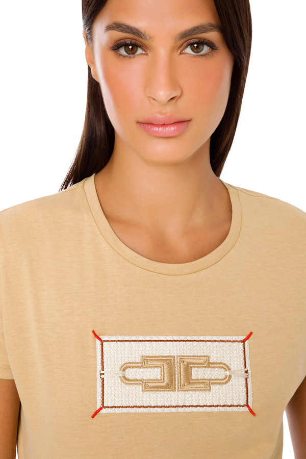 T-Shirt mit Rundhalsausschnitt und Vorhängeschloss-Stickerei - Elisabetta Franchi® Outlet