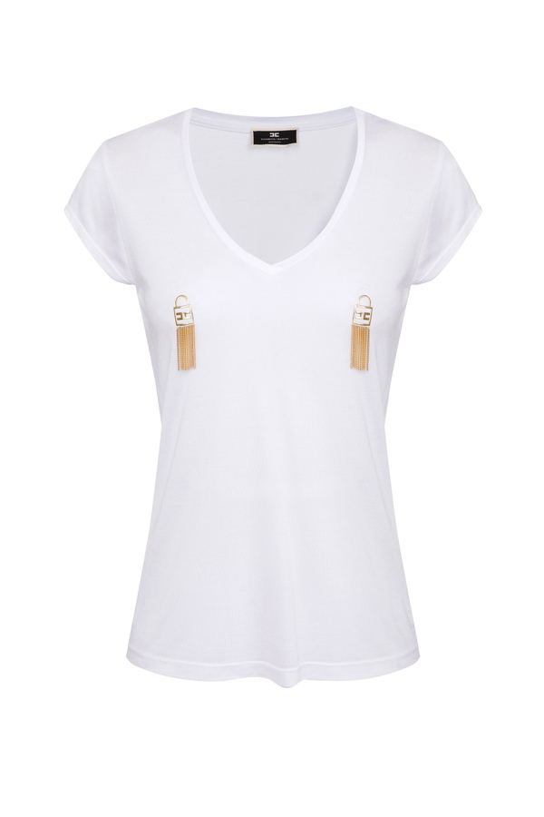 Short sleeve T-shirt with gold padlocks - Elisabetta Franchi® Outlet