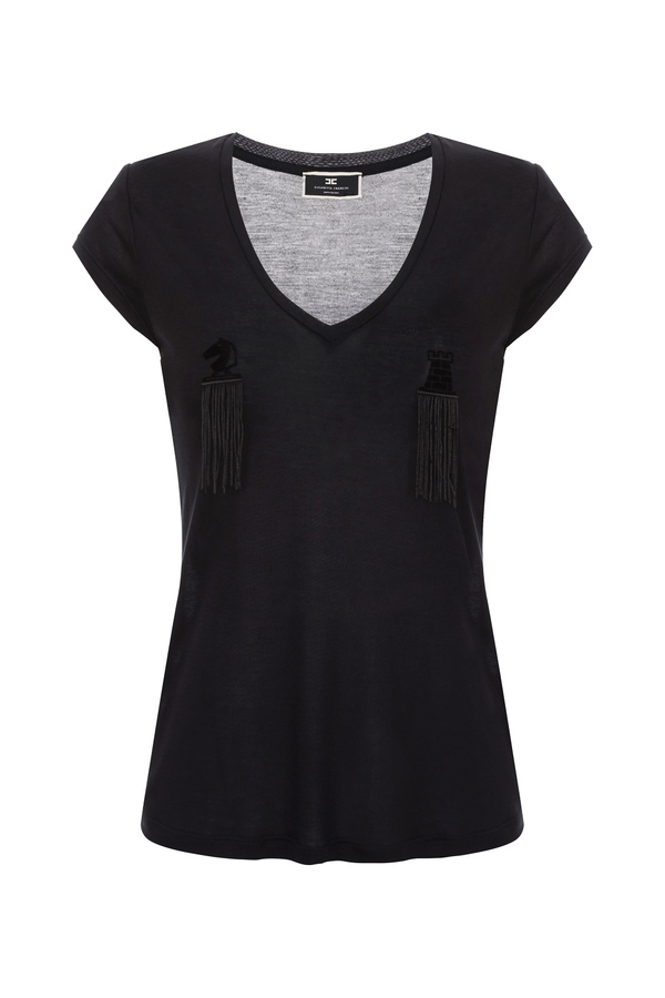 V-neck t-shirt with fringes at bust height - Elisabetta Franchi® Outlet