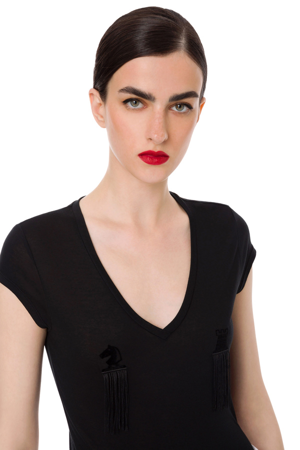 V-neck t-shirt with fringes at bust height - Elisabetta Franchi® Outlet