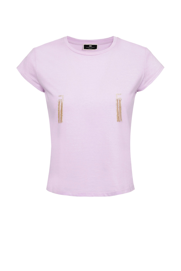 T-shirt avec décolleté ras-du-cou, strass et frange de chaînes - Elisabetta Franchi® Outlet