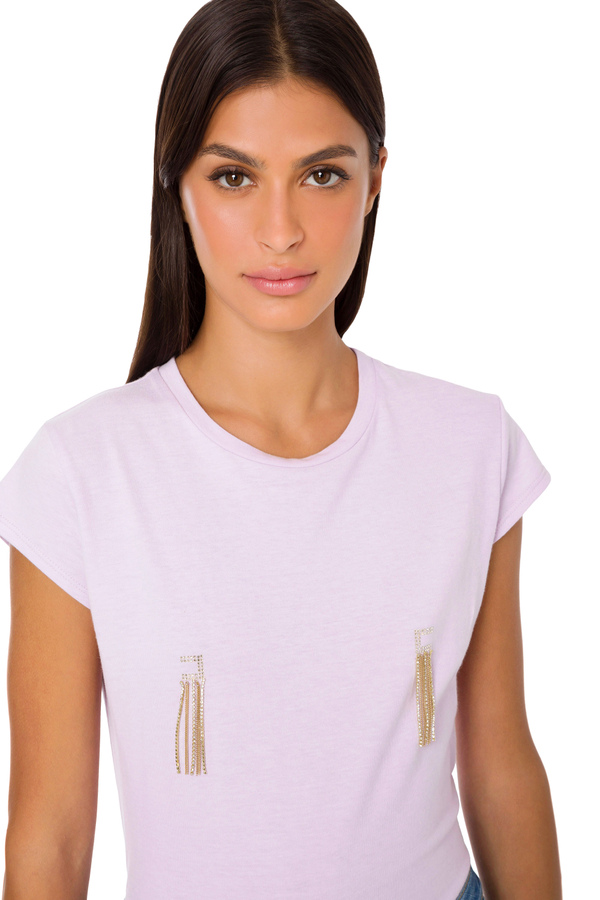 Camiseta de cuello redondo con estrás y flecos de cadenas - Elisabetta Franchi® Outlet