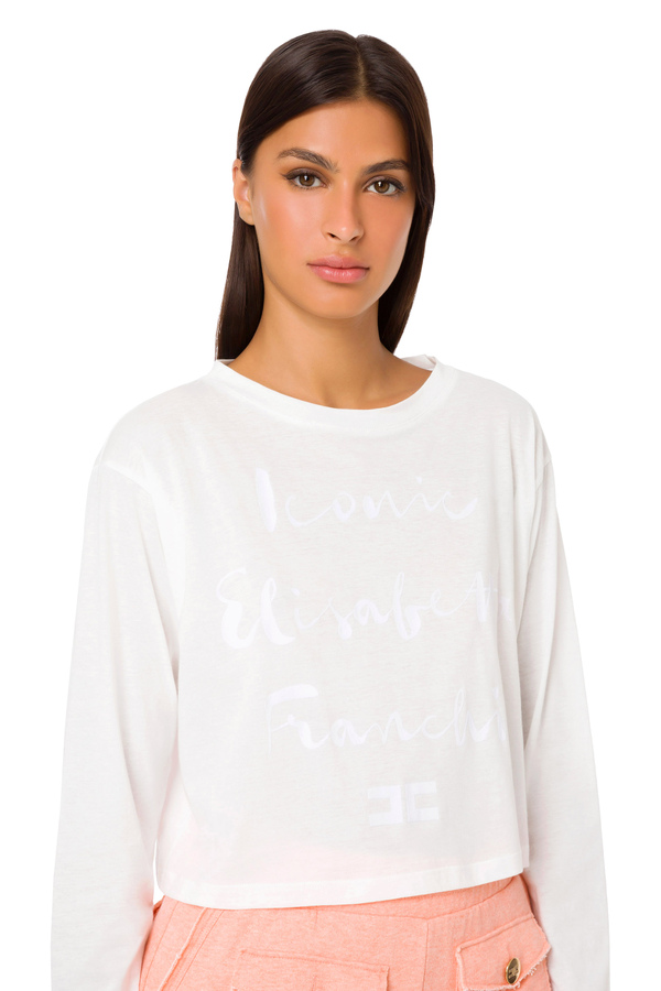 T-Shirt mit kurzen Ärmeln und Logo in Flock-Optik - Elisabetta Franchi® Outlet