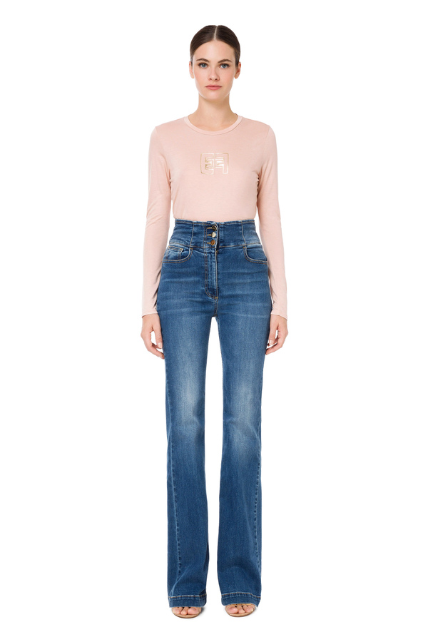 Long-sleeve T-shirt with gold logo print - Elisabetta Franchi® Outlet