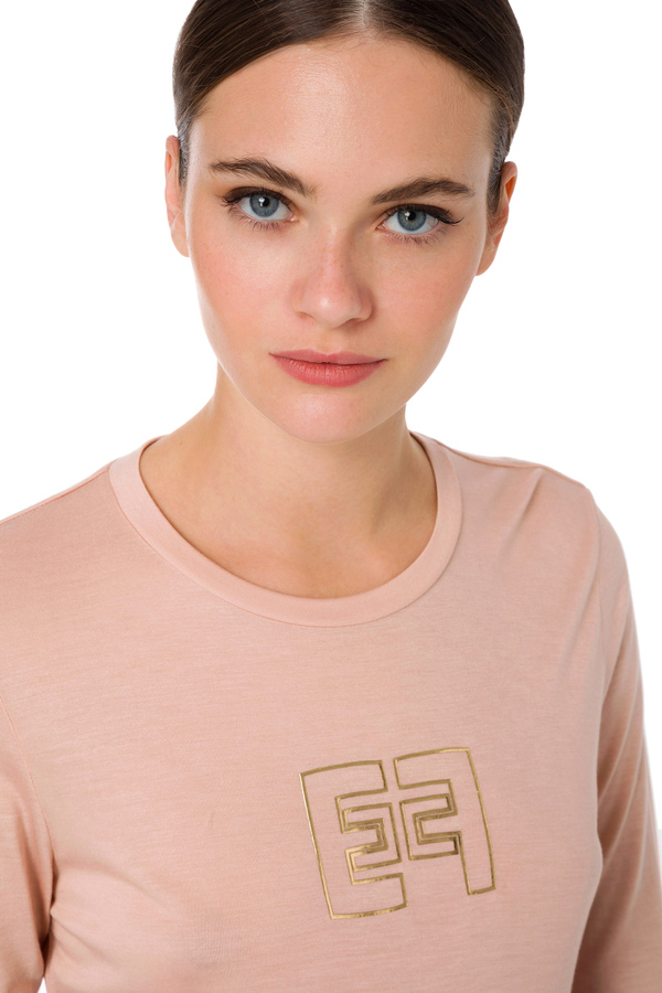Long-sleeve T-shirt with gold logo print - Elisabetta Franchi® Outlet