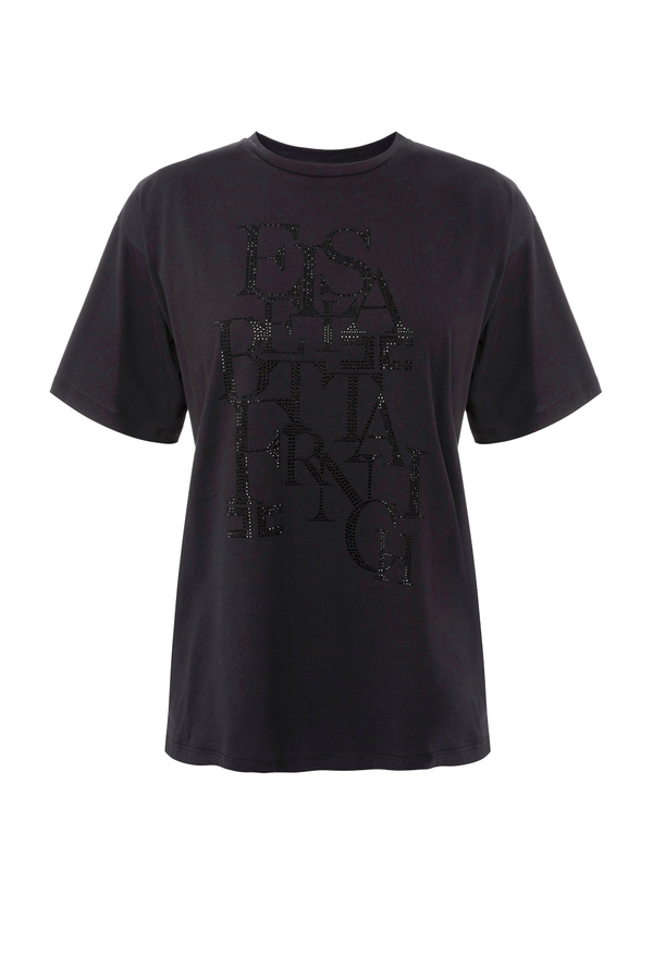 T-shirt a manica corta disegno lettering in strass - Elisabetta Franchi® Outlet
