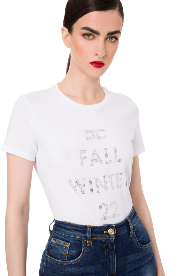 Short-sleeved t-shirt with rhinestone lettering - Elisabetta Franchi® Outlet
