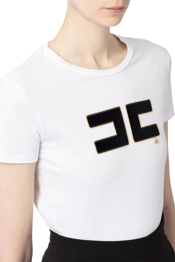 T-shirt in jersey con placca logo in velluto - Elisabetta Franchi® Outlet