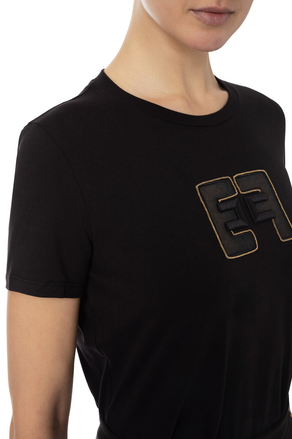 T-shirt en jersey avec plaque logo en velours - Elisabetta Franchi® Outlet