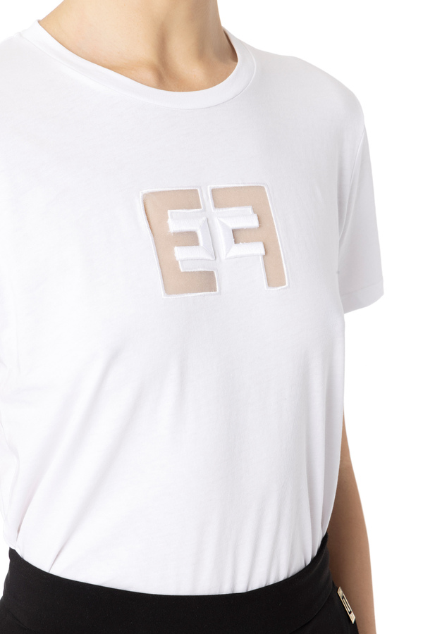 Jersey T-shirt with embroidered organza logo - Elisabetta Franchi® Outlet