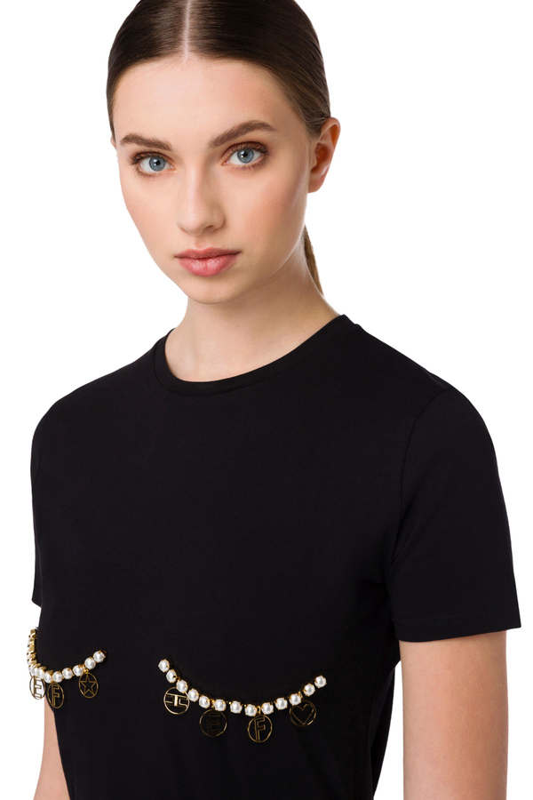 T-shirt with pearls and charms appliqué - Elisabetta Franchi® Outlet