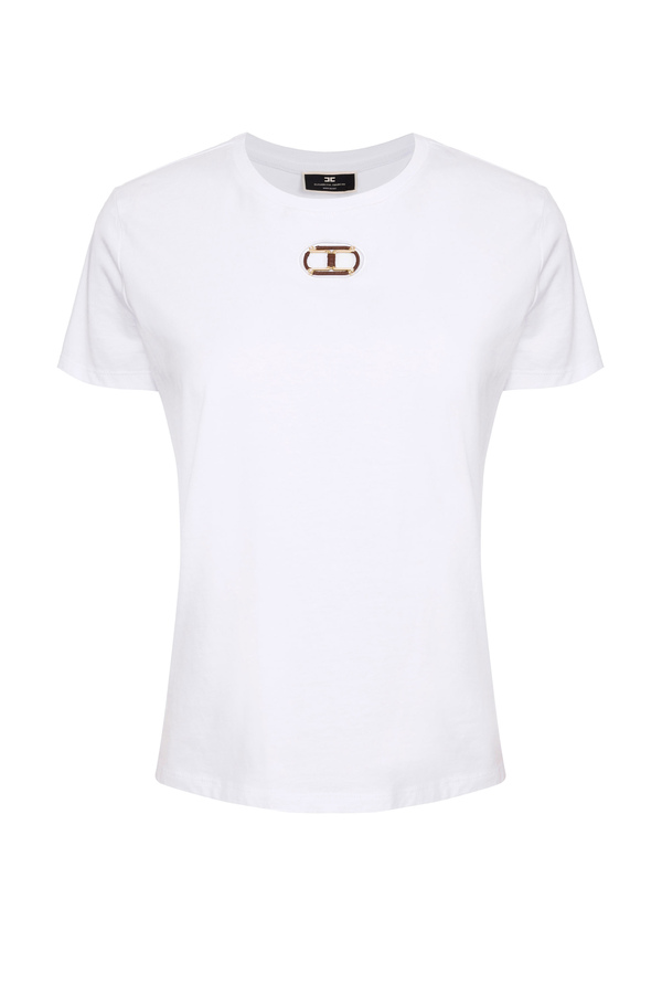 Crew neck T-shirt with light gold accessory - Elisabetta Franchi® Outlet