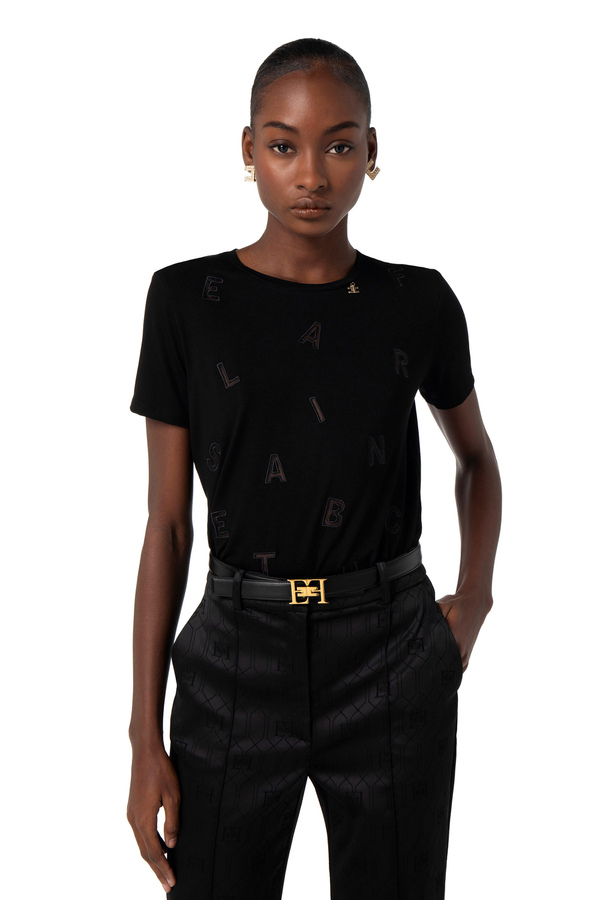 Jersey t-shirt with lettering embroidery - Elisabetta Franchi® Outlet