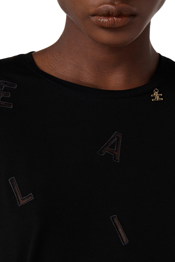 Jersey t-shirt with lettering embroidery - Elisabetta Franchi® Outlet