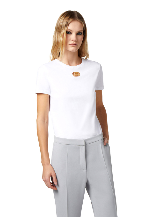 T-shirt in jersey con placca logo - Elisabetta Franchi® Outlet