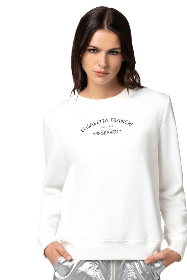 Crew neck cotton sweatshirt with logo print - Elisabetta Franchi® Outlet