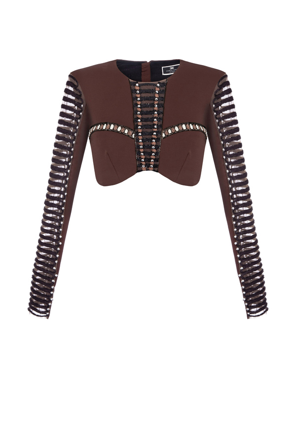 Cropped top with long sleeve and embroidery - Elisabetta Franchi® Outlet