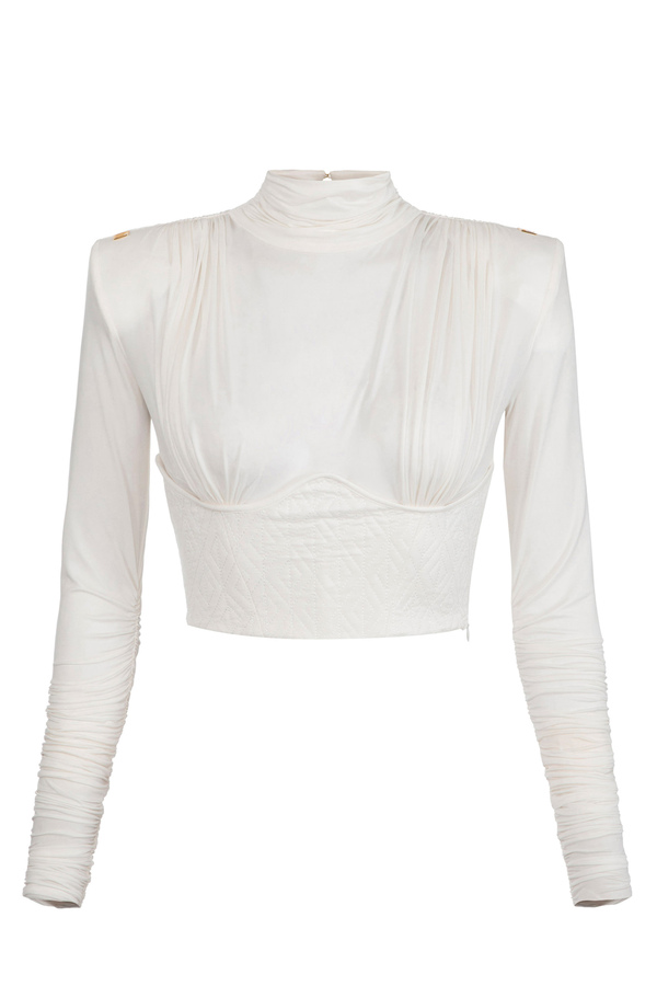 Jersey roll neck top with embossed bustier - Elisabetta Franchi® Outlet