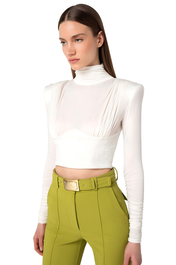 Jersey roll neck top with embossed bustier - Elisabetta Franchi® Outlet