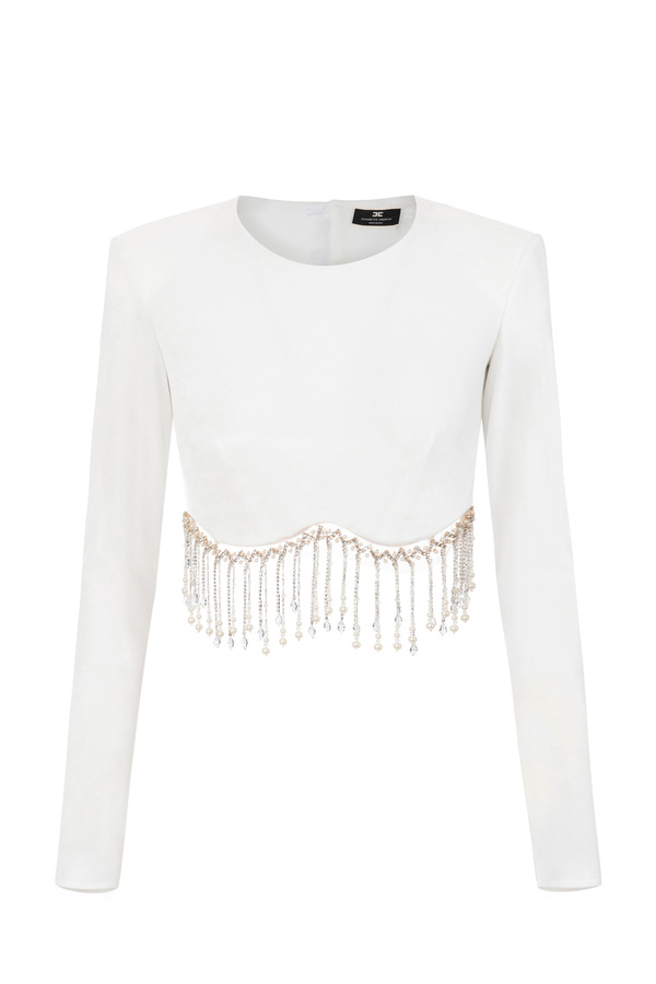 Velvet crop top with beads - Elisabetta Franchi® Outlet