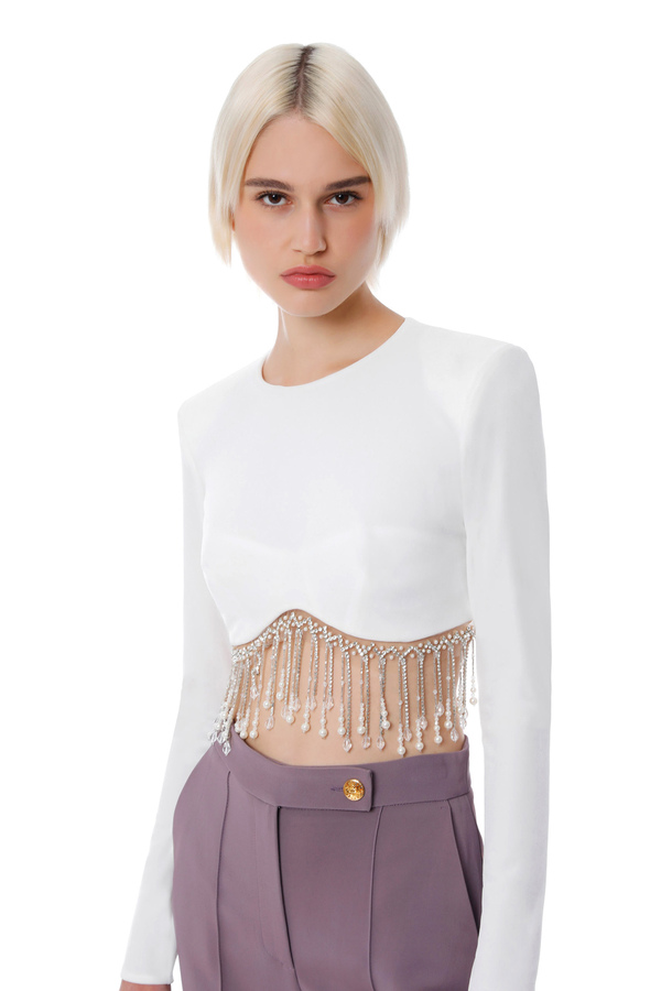 Velvet crop top with beads - Elisabetta Franchi® Outlet