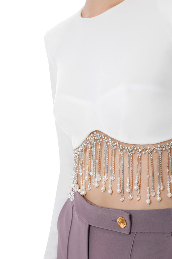 Velvet crop top with beads - Elisabetta Franchi® Outlet