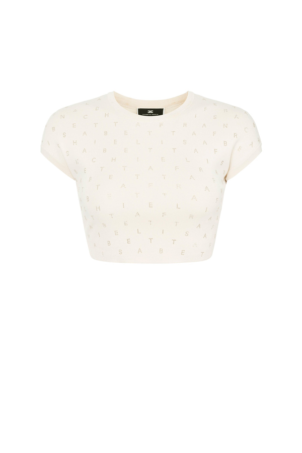 Cropped top in viscose with rhinestone lettering - Elisabetta Franchi® Outlet