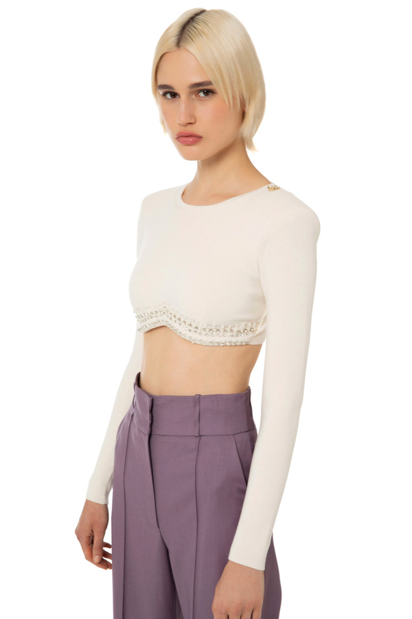 Knit crop top with rhinestones - Elisabetta Franchi® Outlet