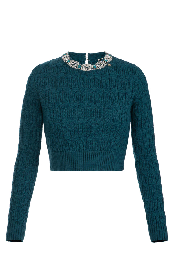 Jersey de lana con cuello bordado - Elisabetta Franchi® Outlet