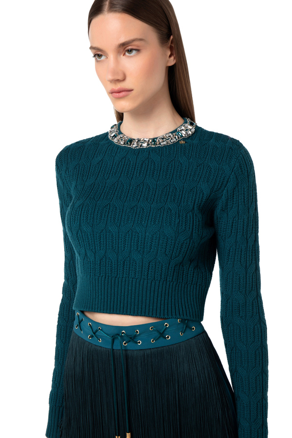 Wool top with embroidered collar - Elisabetta Franchi® Outlet