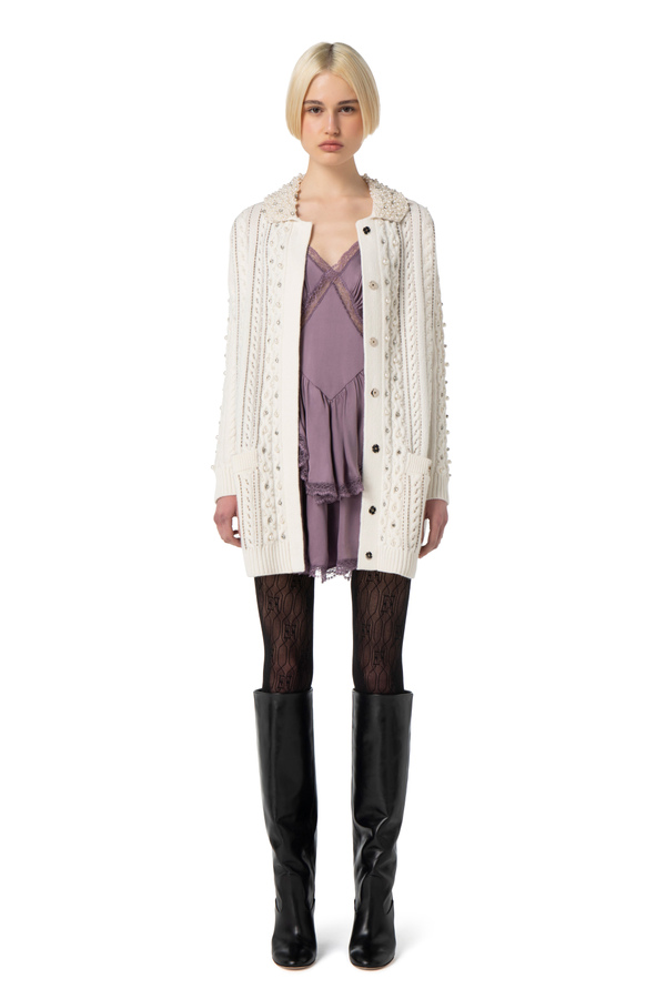 Wool cardigan with pearl and rhinestones embroidery - Elisabetta Franchi® Outlet