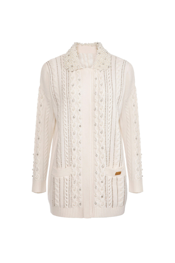 Wool cardigan with pearl and rhinestones embroidery - Elisabetta Franchi® Outlet