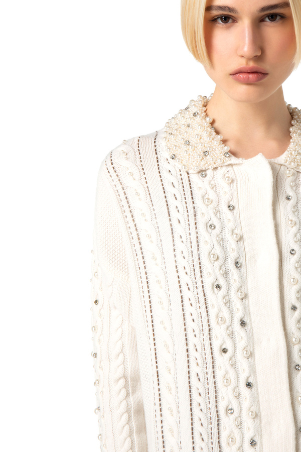 Wool cardigan with pearl and rhinestones embroidery - Elisabetta Franchi® Outlet