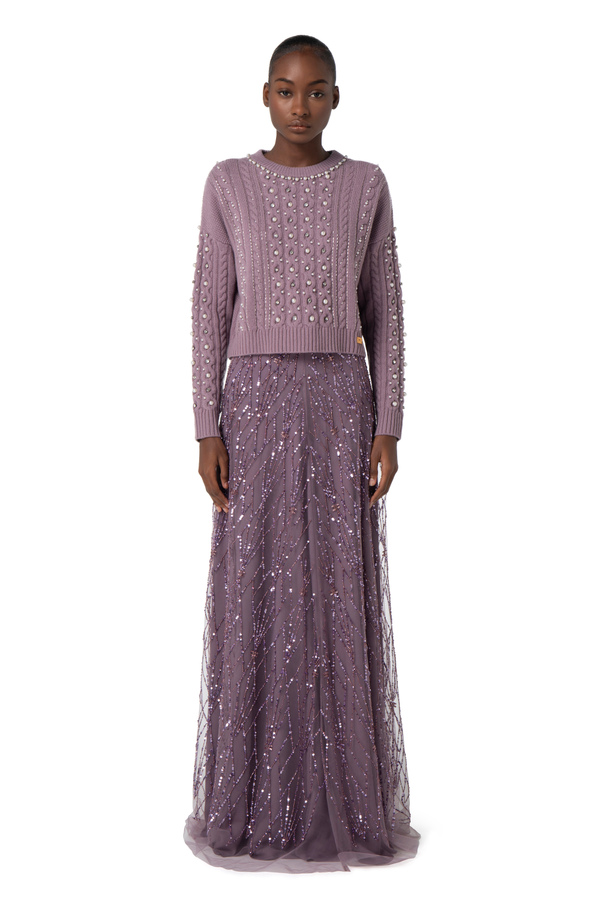 Wool jumper with rhinestone and pearl embroidery - Elisabetta Franchi® Outlet