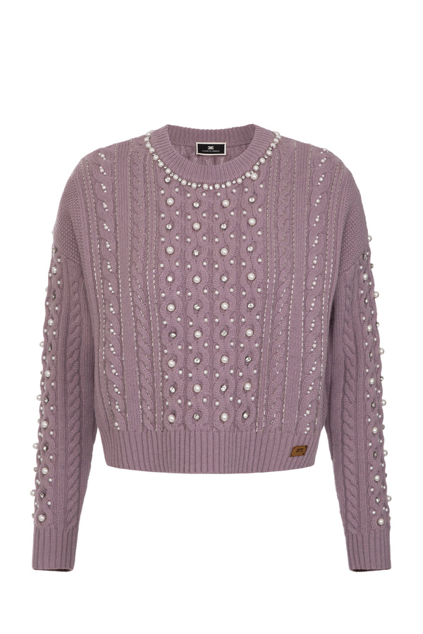 Wool jumper with rhinestone and pearl embroidery - Elisabetta Franchi® Outlet