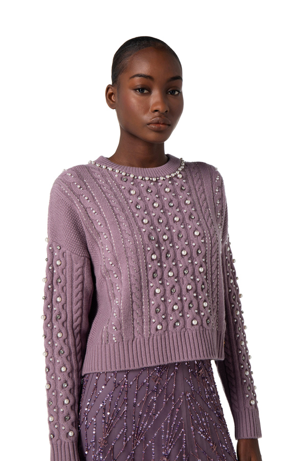 Wool jumper with rhinestone and pearl embroidery - Elisabetta Franchi® Outlet