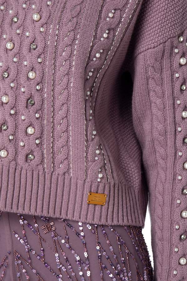 Wool jumper with rhinestone and pearl embroidery - Elisabetta Franchi® Outlet