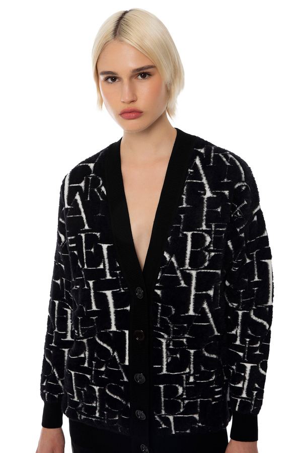 Oversized cardigan in knit fabric with lettering - Elisabetta Franchi® Outlet