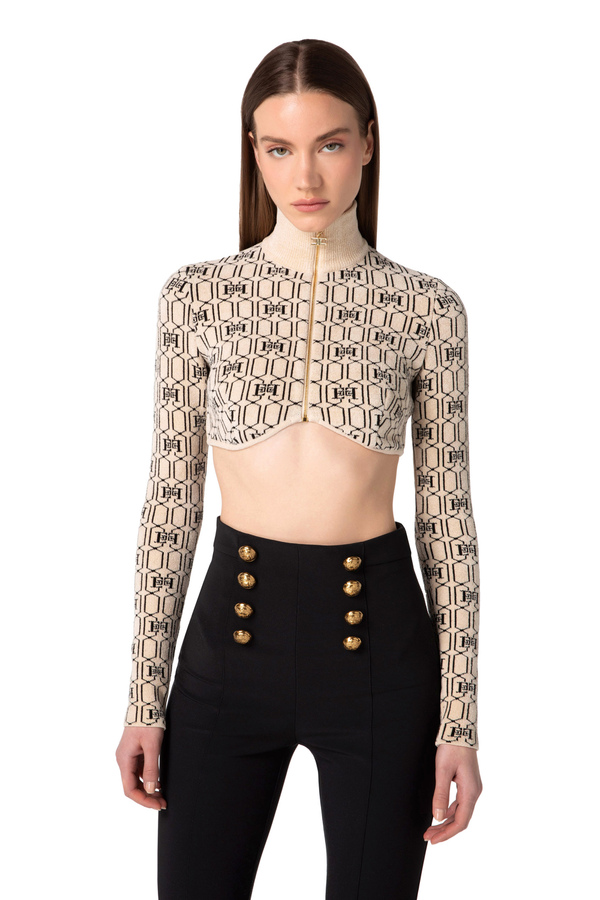 Cropped-Pullover aus Chenille mit geometrischem Muster - Elisabetta Franchi® Outlet