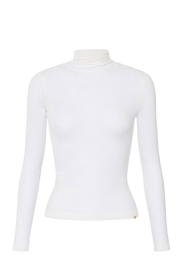 Jersey de cuello alto en crepé de canalé - Elisabetta Franchi® Outlet