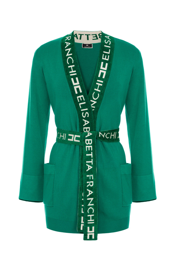 Kimono-style cardigan with logoed band - Elisabetta Franchi® Outlet