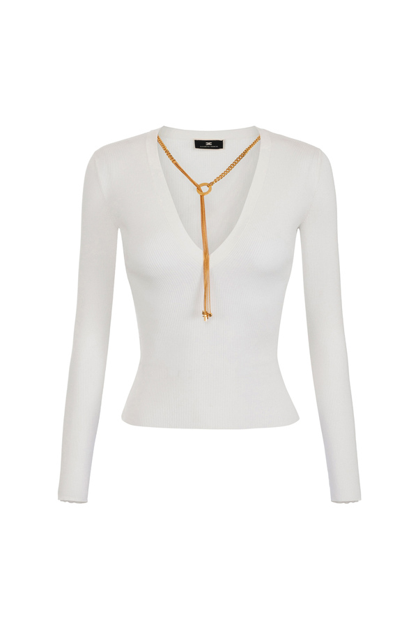 Top with long sleeves in ribbed viscose fabric with necklace - Elisabetta Franchi® Outlet