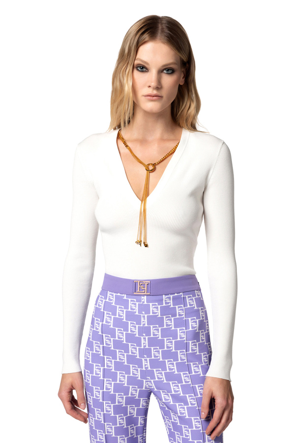 Top with long sleeves in ribbed viscose fabric with necklace - Elisabetta Franchi® Outlet